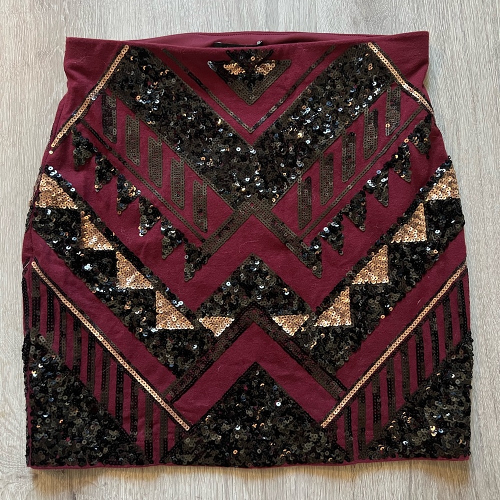 Express Burgundy and Black Sequin Pencil Skirt